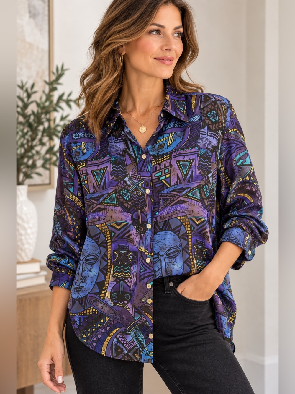 Chico’s 100% Silk Abstract Print Blouse Size 1 Medium Wearable Art Boho